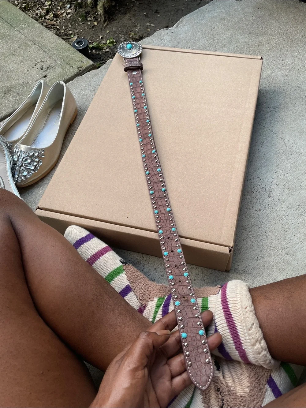 💥NI💥 Brown Kids Western Belt with Turquoise Accent